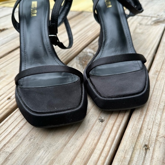 Miss Lola Mina Black Mini Platform Concave Heeled Satin Square Toe 90s Sandals - Picture 5 of 15